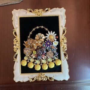 Vintage brooch art floral framed picture mantle wall art yellow blue purple